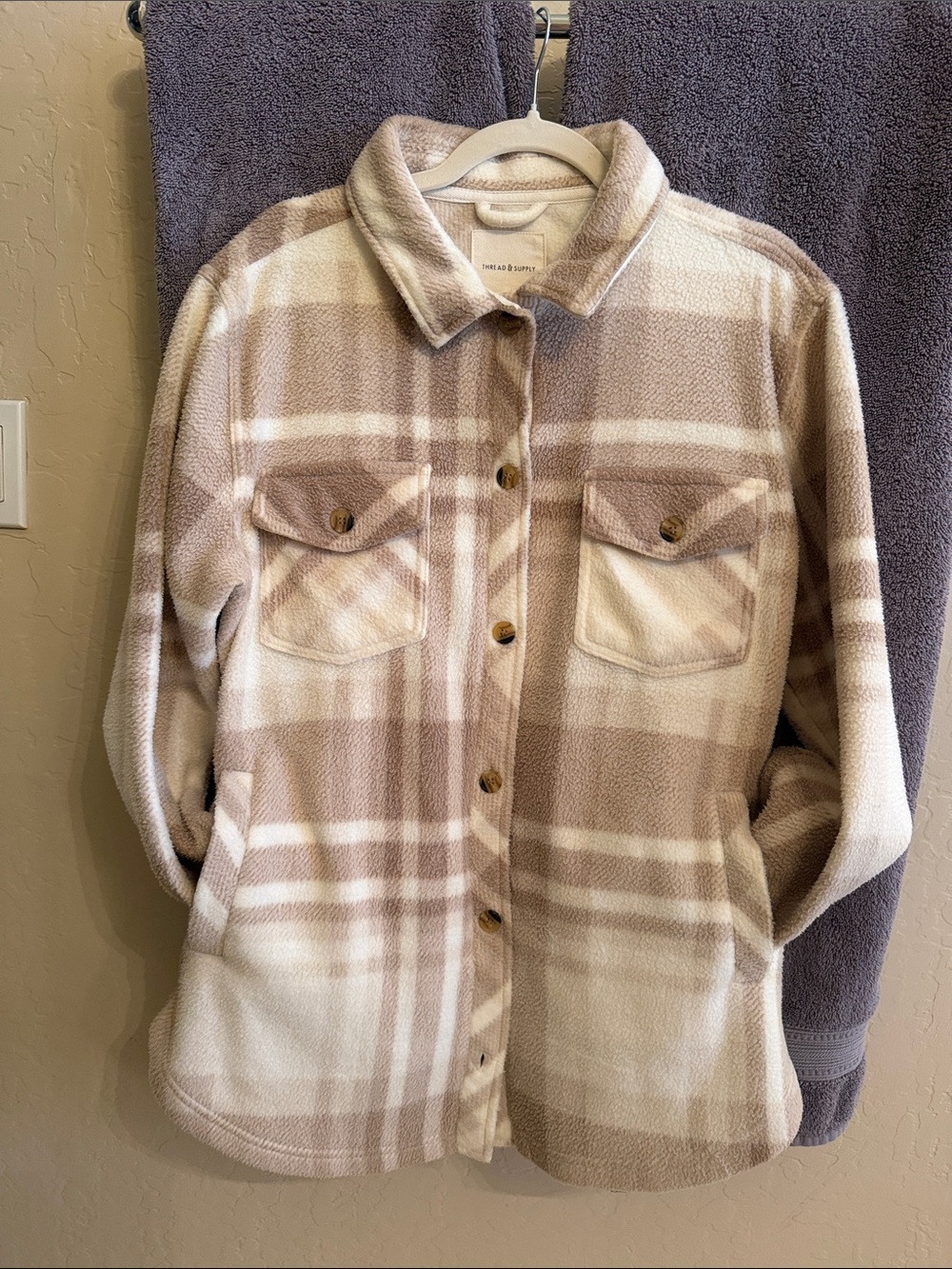 Thread & Supply Plaid Teddy Jacket in Beige and Cream